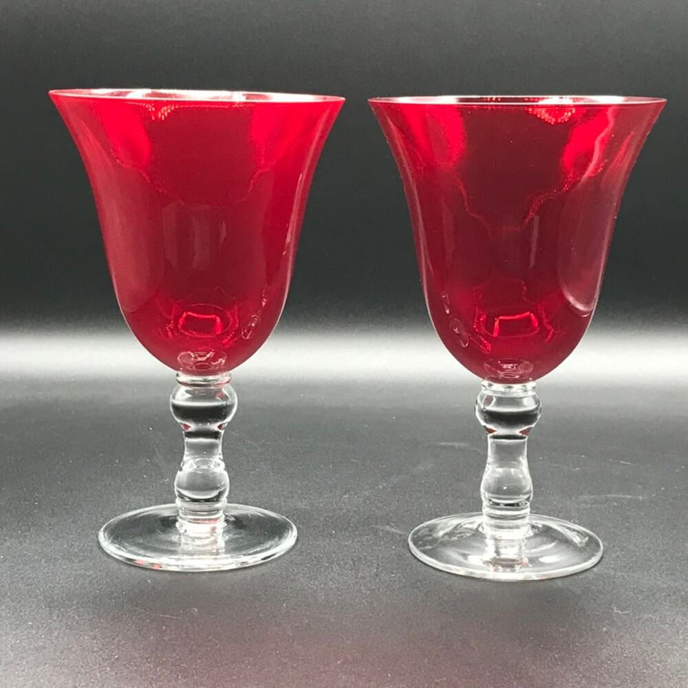 Vintage Artland Hand Blown Ruby Red Bell Shaped Glasses Set of 2 Clear Stem 7”